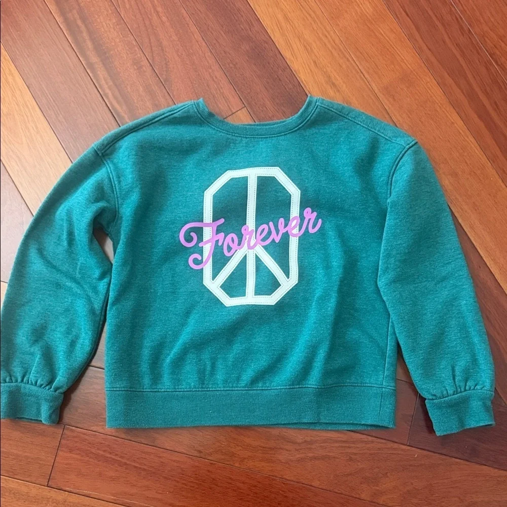 Girls Teal Sweatshirt with Peace Sign and 'Forever' Graphic